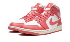 The Women’s Air Jordan 1 Mid “Strawberries and Cream” is a women’s-exclusive colorway of the lifestyle shoe with a head-turning look.  The “Strawberries and Cream” features a white leather construction with Sea-Coral-colored leather overlays and Swoosh branding on the sides.  A light pink “Wings” logo appears on the collar.  Classic Jumpman branding is found on the tongue.  Underfoot, an off-white-colored rubber midsole and pink outsole complete the tasty colorway.  Release date: April 11, 2023 Coral Jordans, Sneaker Displays, Dream Shoe, Pink Wings, Collection Board, Preppy Stuff, Preppy Clothes, Shoes Retro, Nike Air Jordan 1 Mid