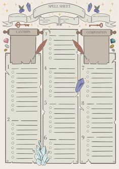 a printable spell sheet with birds and scrolls on the top, surrounded by stars