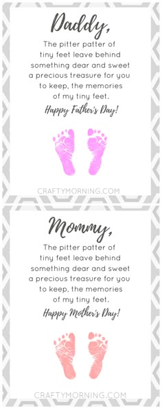 two baby footprints with the words happy mother's day written in pink on them