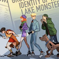 a group of people standing next to each other near a sign that says gruesburg is the identity of the lake monster