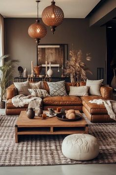 a living room filled with lots of furniture and decor on top of a carpeted floor