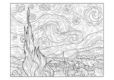 the starry night is shown in this coloring page