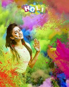 a woman in white shirt and colorful paint on her face with words holi above her