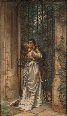 a painting of a man and woman kissing in front of a gate