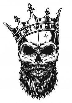 a skull with a crown on top of it's head, wearing a beard