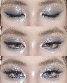 Blue Angelic Makeup, Beautiful Blue Makeup, Formal Make Up For Blue Dress, Ice Skating Makeup Looks, Frost Eye Makeup, Blue Make Up For Prom, Frosty Blue Makeup, Snow Makeup Looks Simple, Blue Icy Makeup