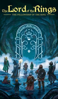 the lord of the rings book cover with characters standing in front of an open door