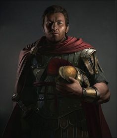 a painting of a man dressed in roman armor and holding a red object with his hand