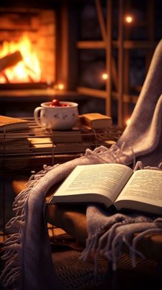 an open book sitting on top of a chair next to a cup and fire place