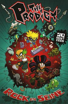 the poster for rock'n'roll is shown in red and green colors, with an image of various cartoon characters on it