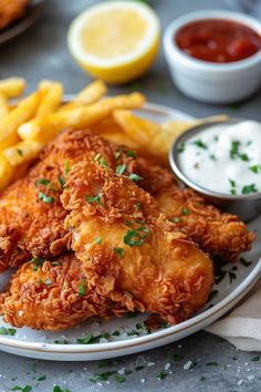 fried chicken and french fries on a plate with ketchup, mayonnaise and lemon wedges