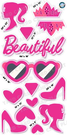 pink stickers with hearts, sunglasses and the words beautiful written in white on them