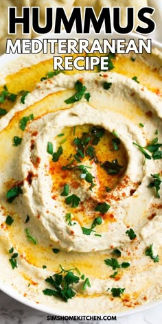 hummus in a white bowl with parsley on top and text overlay that reads, hummus mediterraneanan recipe