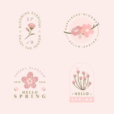 four different logos with pink flowers and the words hello spring written in gold on them