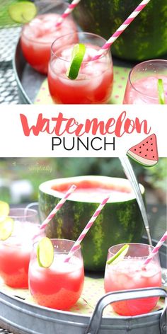 watermelon punch with strawberries and limes in glasses on a tray next to other drinks