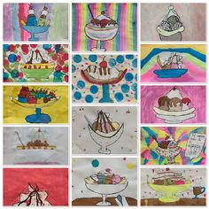 many different pictures of cakes and ice creams on paper with colored circles around them