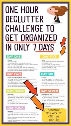 a poster with arrows pointing in different directions and the words, one hour declutter challenge to get organized in only 7 days