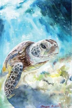 a painting of a turtle swimming in the ocean