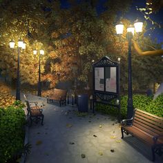 a park bench sitting under a street light next to a tree filled with leaves at night