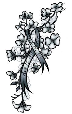 a tattoo design with flowers and ribbon