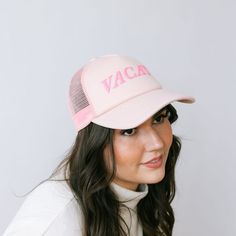 Get ready for endless summer vibes with our Pink Vacay Trucker Hat! This hat is playful with its hot pink, puff letters that scream "it's time for a VACAY!" Perfect for your next getaway, it’s the ultimate accessory for fun in the sun. Bright, bold, and beach-ready! Pink Curved Brim Hat For Vacation, Pink Curved Brim Vacation Hat, Pink Vacation Hats With Curved Brim, Pink Vacation Hat With Curved Brim, Pink Summer Sun Hat For Vacation, Summer Pink Sun Hat For Vacation, Cute Summer Baseball Cap, Pink Sun Hat For Vacation, Pink Curved Brim Sun Hat For Vacation