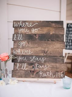 a wooden sign sitting on top of a table