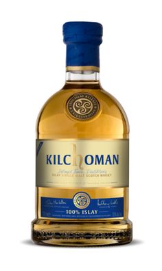 a bottle of kilchomann irish whiskey on a white background with a blue cap