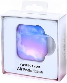 an airpods case in the shape of a box with a purple and blue cloud pattern