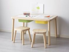 a child's desk and chair set up in front of a white wall with a painting on it