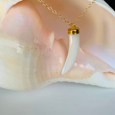 White Mother of Pearl Tusk Necklace, Tusk Necklace, Tooth Necklace, 15k Gold Filled Cable Chains, Statement Necklace for layering. This is a tusk shaped charm necklace made of mother of pearl with a dainty gold chain. A fun, daring, and adventurous necklace for a bold statement. A wonderful gift idea for someone you love. Tusk measurement: 25mm x 6 mm 14k Gold Filled Chain: 2mm **The model is wearing 16-inch chains. RoseAveJewelry Handmade and made for order in LA Every piece is handmade and mad Tusk Necklace, Dainty Gold Chain, Tooth Necklace, Gold Filled Jewelry, Gold Filled Chain, Gold Plated Jewelry, Cable Chain, Gold Chains, Gold Chain