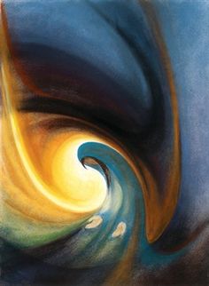 an abstract painting with blue, yellow and orange swirls on the bottom half of it