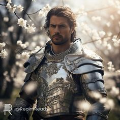 a man dressed in armor standing next to flowers