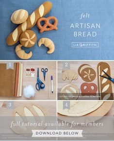 the instructions for making felt artisan breads are shown in several different stages and sizes