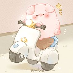 a cartoon pig riding on the back of a scooter