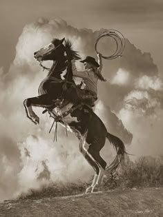 a man riding on the back of a horse while holding a lasso in his hand