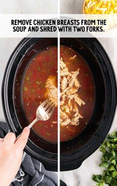 two pictures showing how to make chicken tortilla soup in the slow cooker