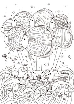 an adult coloring page with balloons floating in the air and stars above it, as well as