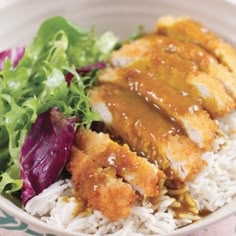 a white bowl filled with rice and meat covered in gravy on top of a colorful table cloth