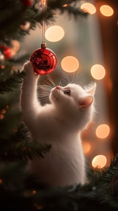 a white kitten playing with a red ornament hanging from a christmas tree branch