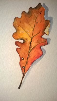 a leaf that is sitting on the wall in front of a white wall with watercolor paint