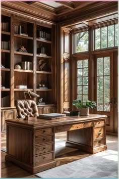 a large wooden desk sitting in front of a book shelf filled with lots of books