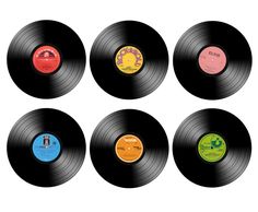 six different colored vinyl records with labels on them