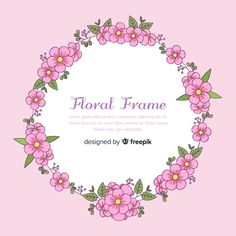 floral frame with pink flowers and green leaves