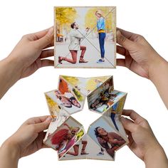 two hands holding up four different pictures together