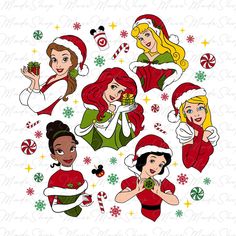 disney princesses in christmas costumes with candy canes and peppermink candies