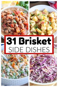 Bowl of beans, bowl of potato salad, pea salad, and slaw. Beef Brisket Dinner Ideas, Slaw For Brisket Sandwiches, Healthy Brisket Meals, Brisket Beans Recipe, Sides For Brisket Tacos, Side Dishes For Beef Brisket, Bbq Food Ideas Party Sides, What To Serve With Brisket Meals, Salad To Go With Brisket