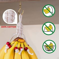 a bunch of ripe bananas hanging from a hook on a shelf with instructions to tie them down