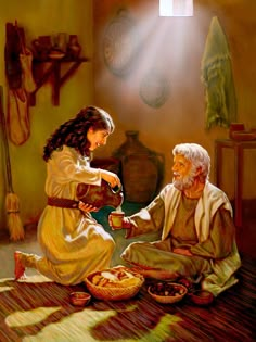 a painting of an old man and woman sitting on the floor with food in front of them