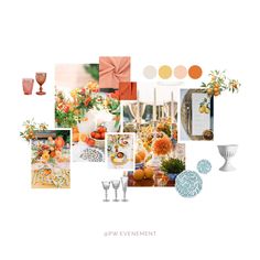 an assortment of oranges and white flowers are arranged in the center of this collage