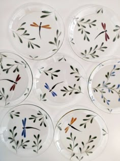 six plates with dragonflies painted on them